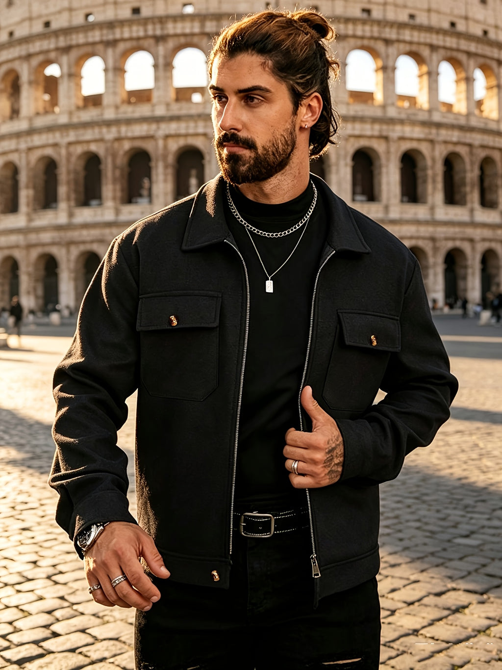 Men's Lapel Workwear Blend Jacket with Metal Zipper Pocket Accents, Casual Vintage Cropped Top - Black