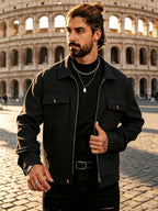 Men's Lapel Workwear Blend Jacket with Metal Zipper Pocket Accents, Casual Vintage Cropped Top - Black