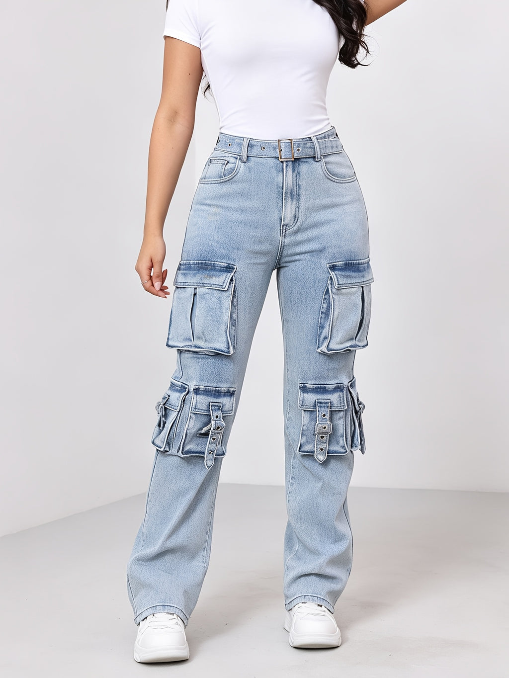 Popular Stylish Women's Denim Jeans - American Streetwear Style, Mid-High Stretch, Hip Hop Multi-Pocket Straight-Leg Cargo Jeans - Sky Blue