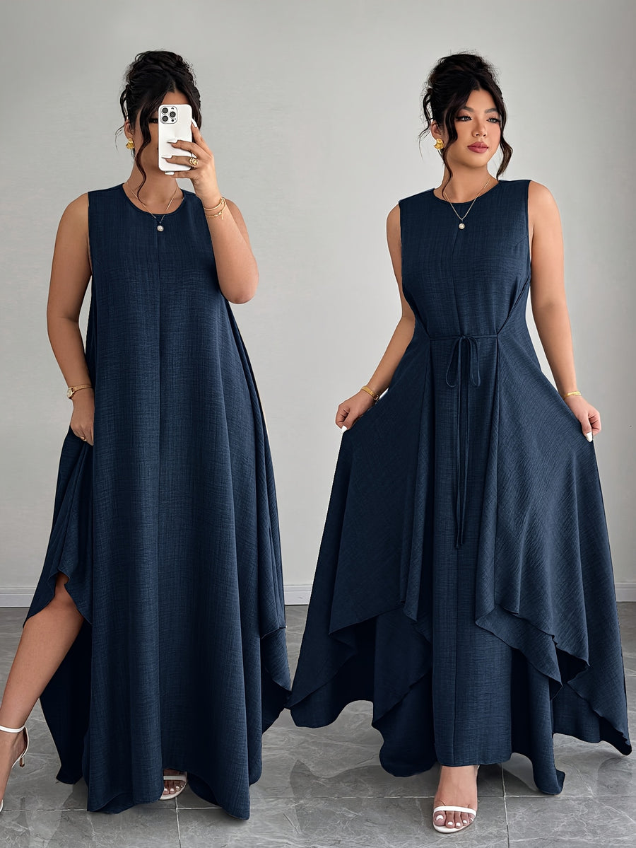 Women'S Elegant Vacation Casual Daily Outerwear Tie-Belt A-Line Asymmetrical Hem Dress - Deep Blue