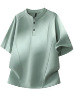 Men's Summer Small Henley Collar Two-Button Three-Dimensional Darted Cut Short Sleeve T-Shirt, Unisex Loose Raglan Curved Hem Top - Light Green