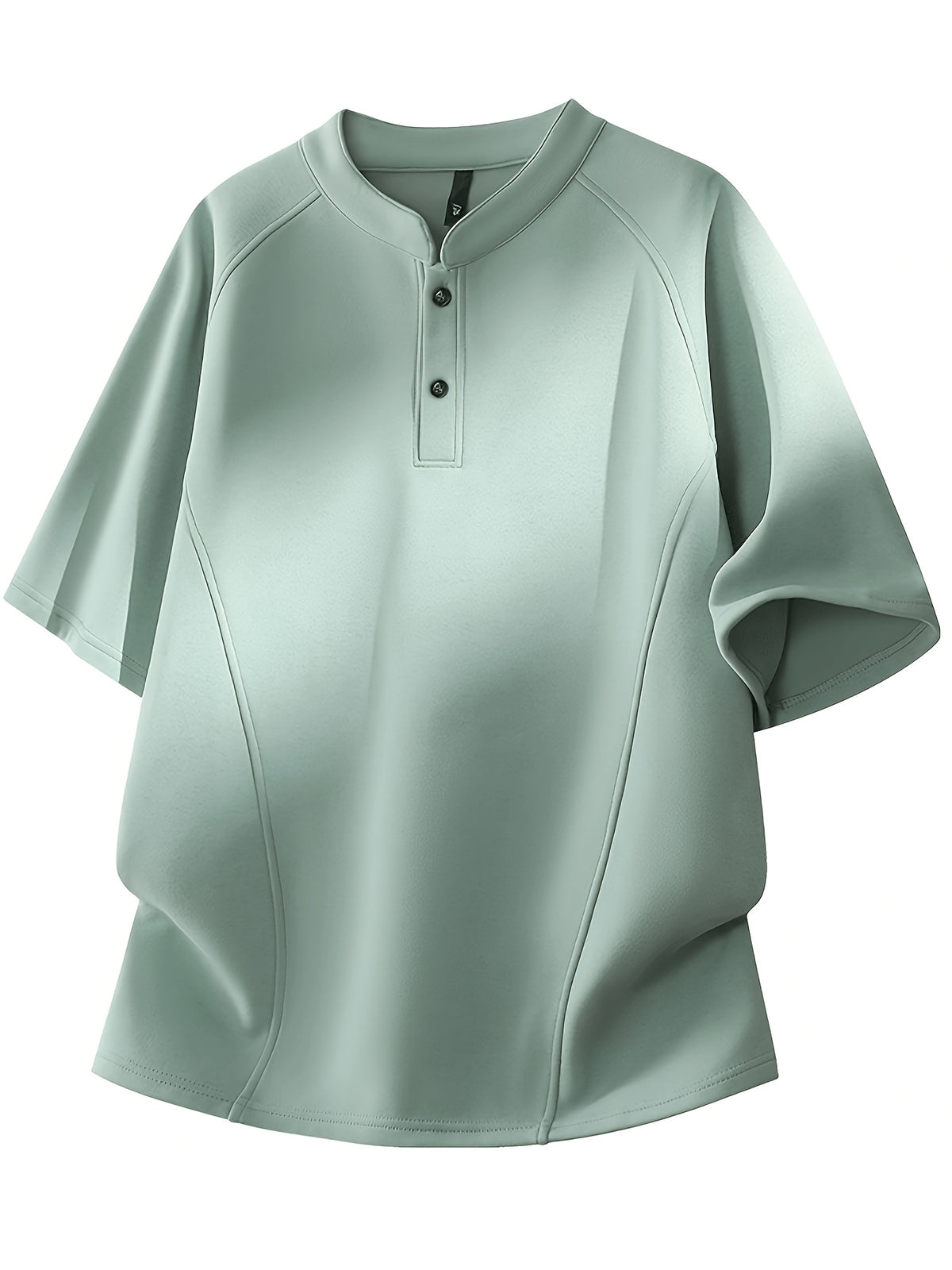 Men's Summer Small Henley Collar Two-Button Three-Dimensional Darted Cut Short Sleeve T-Shirt, Unisex Loose Raglan Curved Hem Top - Light Green