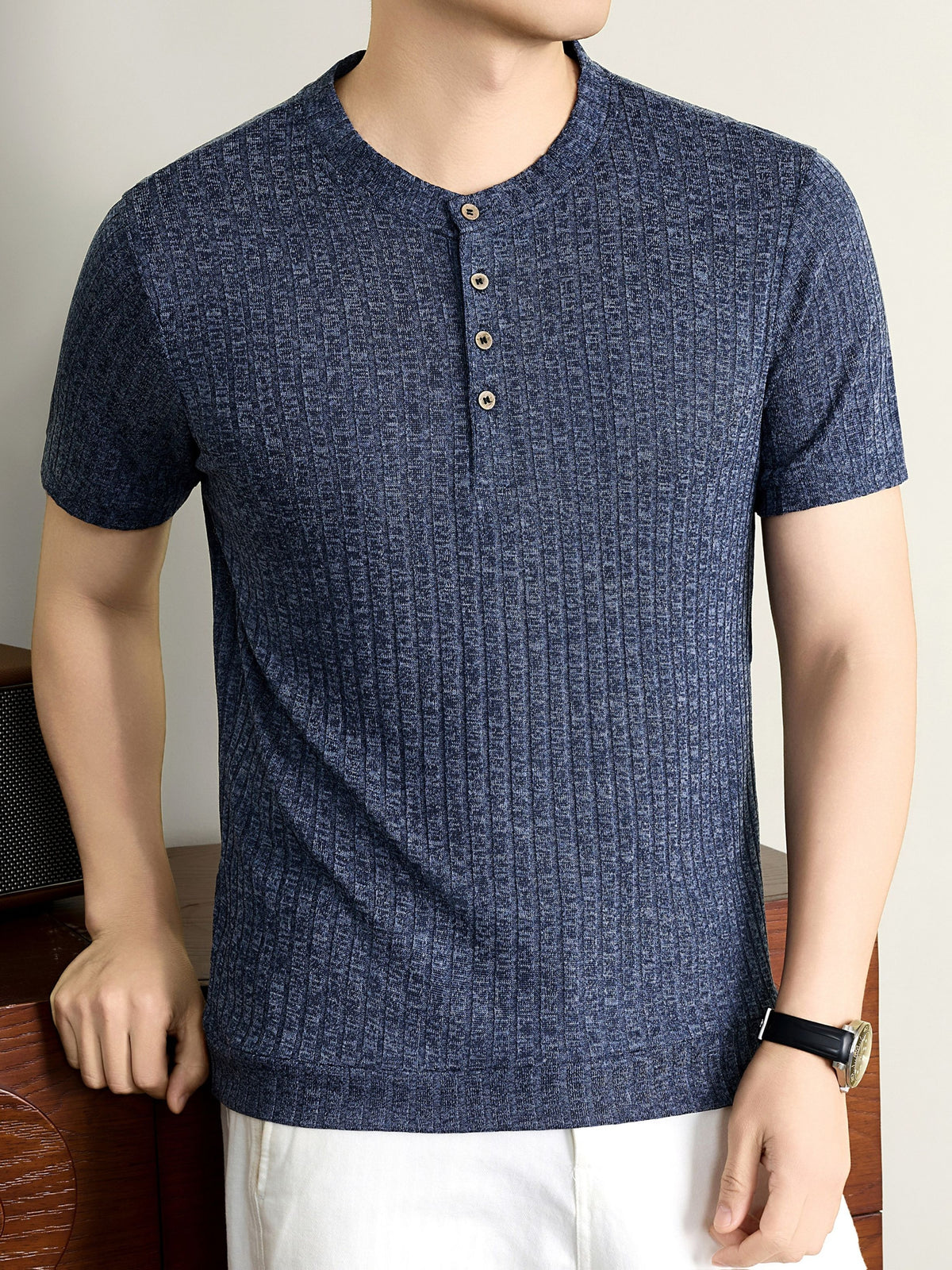 Men'S 2026 New Summer Short Sleeve, Vertical Rib Knit, Regular Fit Casual Top, Easy And Fashionable for Daily Wear, Business Commute, Vacation And Weekend Leisure - Shangqing