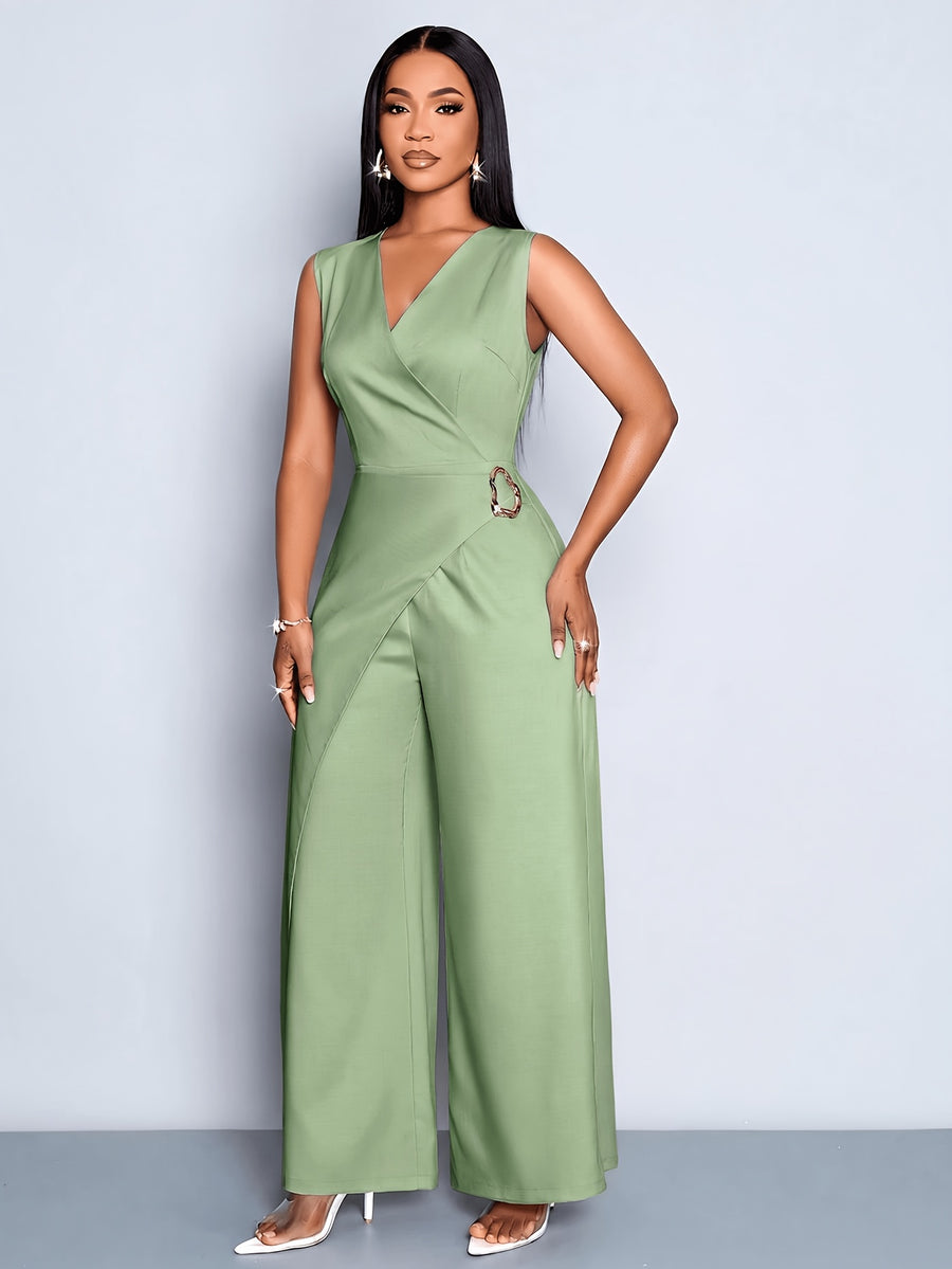 Women's Casual and Elegant Sleeveless Jumpsuit, Business Casual Wear, Simple Style Office Attire for Women - Light Green