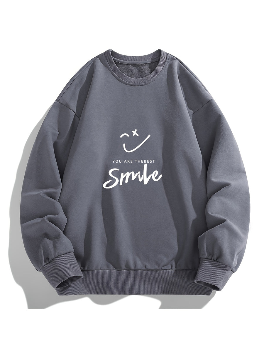 Men's Crew Neck Sweatshirt, Spring & Autumn Joyful Face Letter Print Pullover Top, Youth Loose Casual Versatile LongSleeve Base Shirt - Dark Gray