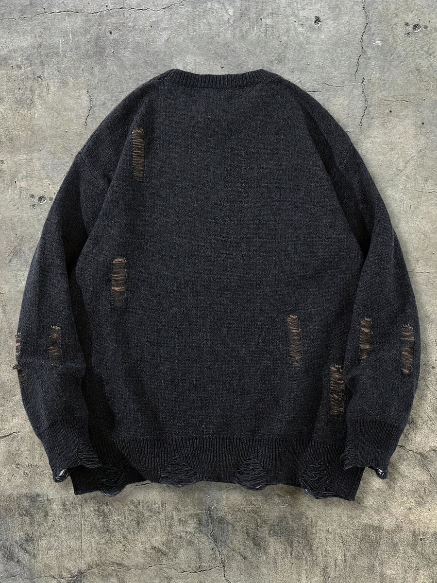 Street Style American Spring/Autumn/Winter Men's Fashion Trend Ripped Design Character Jacquard Pattern Crew Neck Pullover Long Sleeve Sweater, Unisex Casual Loose Versatile Top - Black