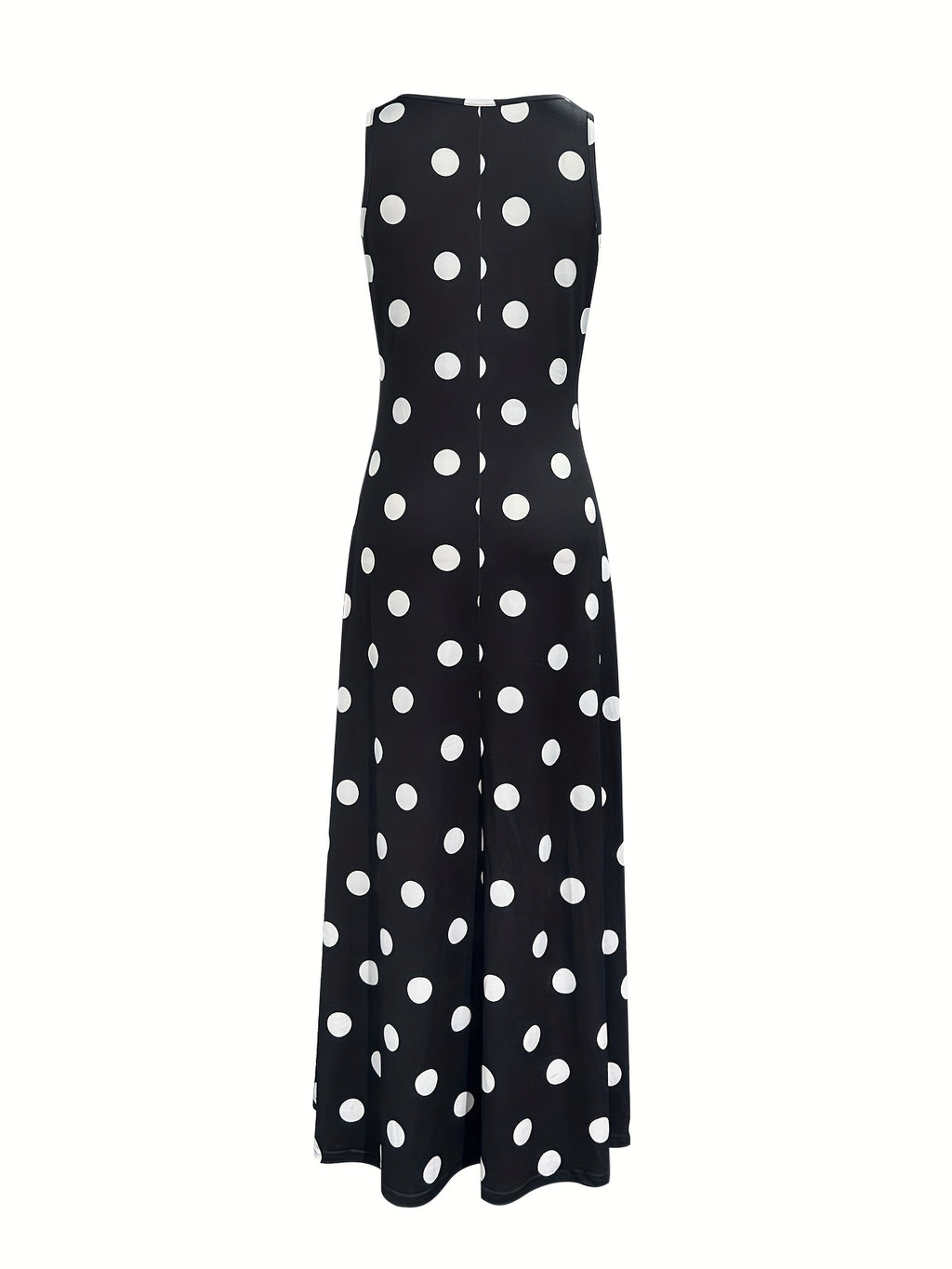2026 Polka Dot Slit Maxi Dress, Vacation Style Polka Dot Print V-Neck Sleeveless Slit Waist-Cinching Long Dress, Flowy Sundress, and Versatile Style, Beach Wear, New Summer Collection, Black and White Polka Dot Elegant Flared Dress - Black