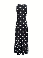 2026 Polka Dot Slit Maxi Dress, Vacation Style Polka Dot Print V-Neck Sleeveless Slit Waist-Cinching Long Dress, Flowy Sundress, and Versatile Style, Beach Wear, New Summer Collection, Black and White Polka Dot Elegant Flared Dress - Black