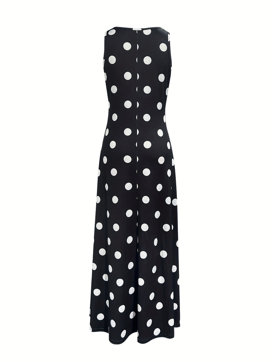2026 Polka Dot Slit Maxi Dress, Vacation Style Polka Dot Print V-Neck Sleeveless Slit Waist-Cinching Long Dress, Flowy Sundress, and Versatile Style, Beach Wear, New Summer Collection, Black and White Polka Dot Elegant Flared Dress - Black