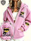 Everyday Casual Zip-Up Hooded Cardigan Jacket, Officially Licensed Warner Bros. DC Batman with Classic Bat Logo, Paired with Vintage "BOOM" Onomatopoeic Fun Lettering Font, Featuring Multiple Dark Hero-Style Prints on the Garment, a Simple and Cool - Pink