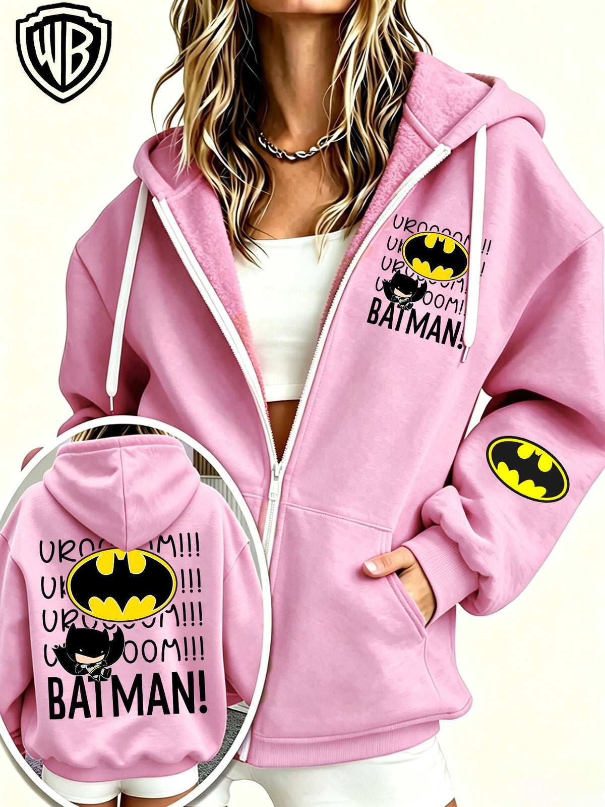 Everyday Casual Zip-Up Hooded Cardigan Jacket, Officially Licensed Warner Bros. DC Batman with Classic Bat Logo, Paired with Vintage "BOOM" Onomatopoeic Fun Lettering Font, Featuring Multiple Dark Hero-Style Prints on the Garment, a Simple and Cool - Pink