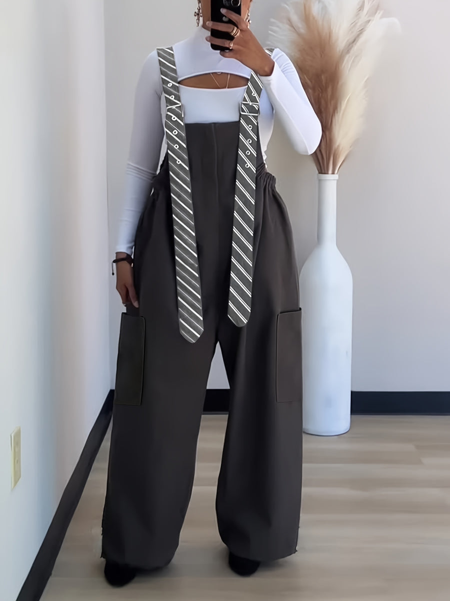 2026 New Women'S Loose Strappy Wide-Leg Pants, Age-Reducing, Versatile Casual Jumpsuit, Casual Striped Jumpsuit/Apron Pants - Black