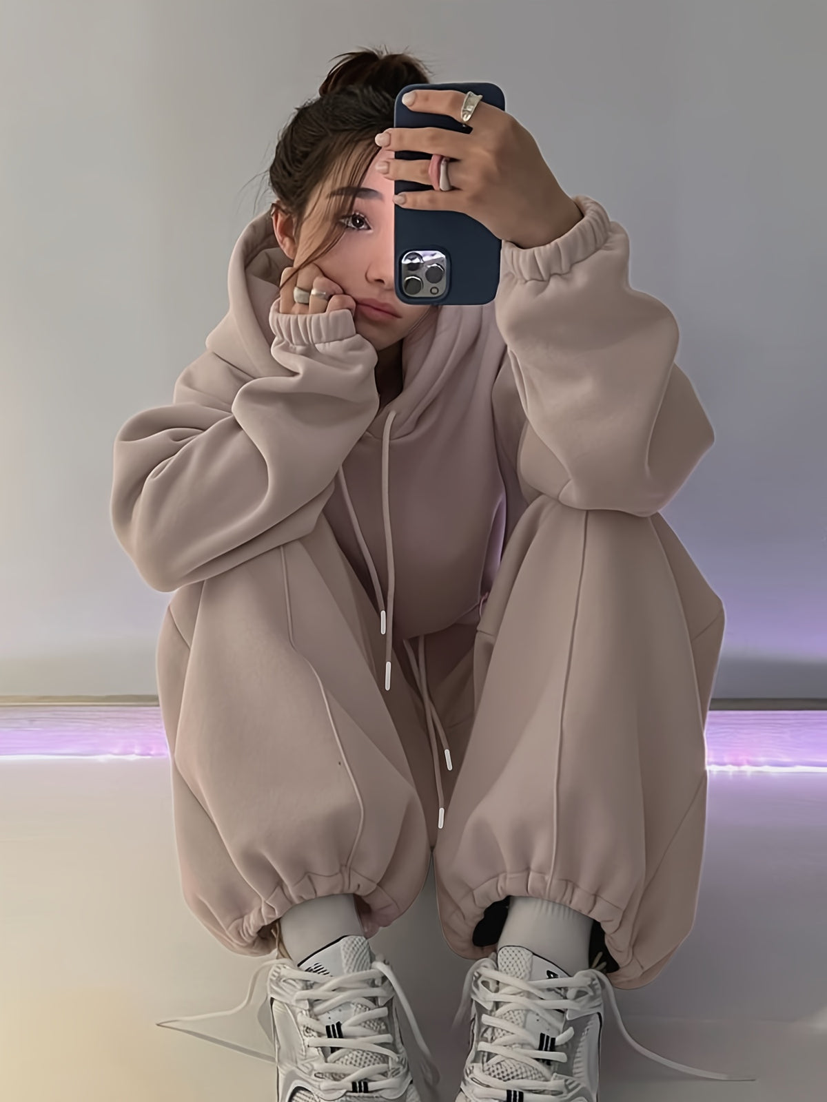 Women's Autumn/Winter New Promotion Simple Solid Color Loose Short Hooded Sweatshirt + Solid Color Elastic Waist Loose Ankle-Length Pants Casual Fashion Elegant Daily Commute Versatile Outdoor Y 2pcs Set - Pale Pinkish Gray