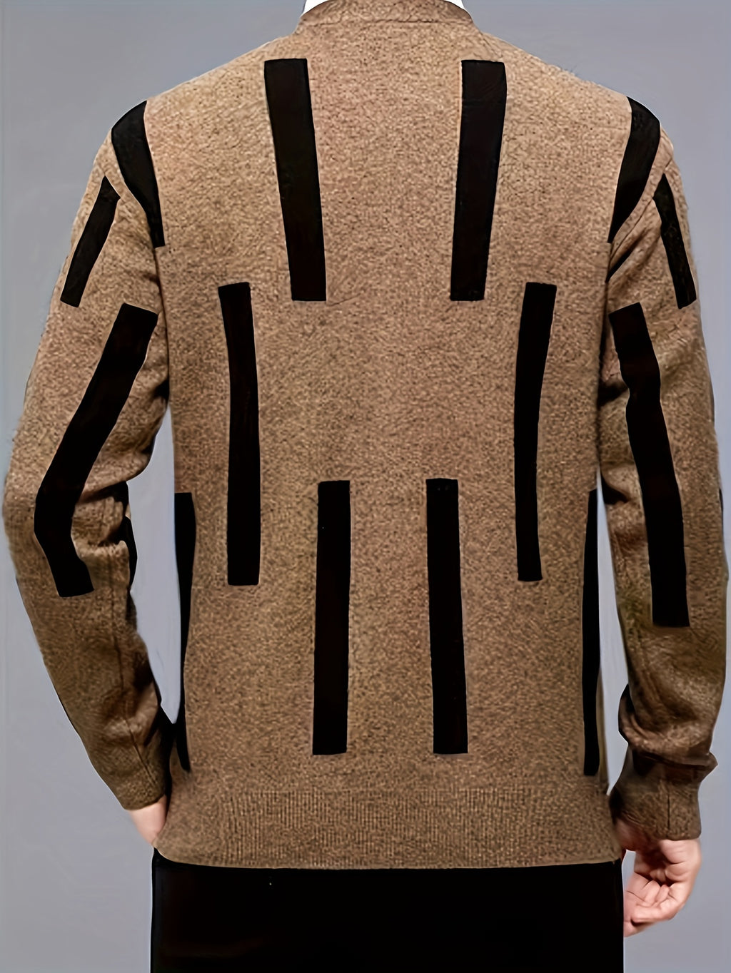 Men's Color-Block Vertical Stripe V-Neck Cardigan, Light Luxury Business Autumn/Winter Knitted Outerwear, Slim-Fit Long-Sleeve Sweater - Khaki