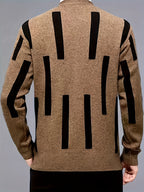 Men's Color-Block Vertical Stripe V-Neck Cardigan, Light Luxury Business Autumn/Winter Knitted Outerwear, Slim-Fit Long-Sleeve Sweater - Khaki
