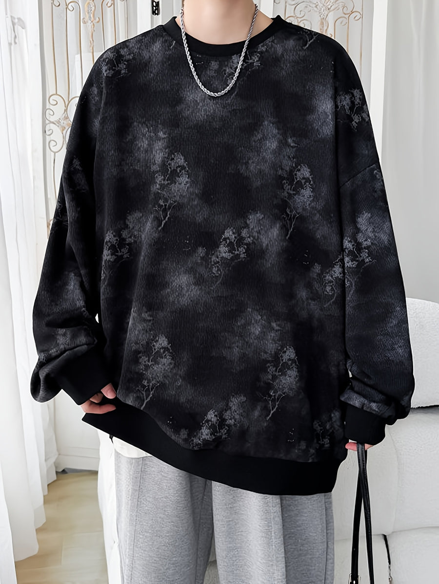 [Villa Le Water OBM] Men'S Korean Style Trendy Cool Round Neck Sweatshirt, Breathable And Skin-Friendly, Spring/Autumn Campus Outing Pullover - Black