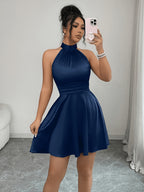 Ladies Pea Green, Fashionable Luxurious Elegant Sexy Green Satin Tie-Back Backless Mini Dress, Daily Outings, Formal Banquets, Dates, Parties, Weddings, Festivals, Spring And Summer Short Skirts, Vacations, Summer Holidays - Navy Color