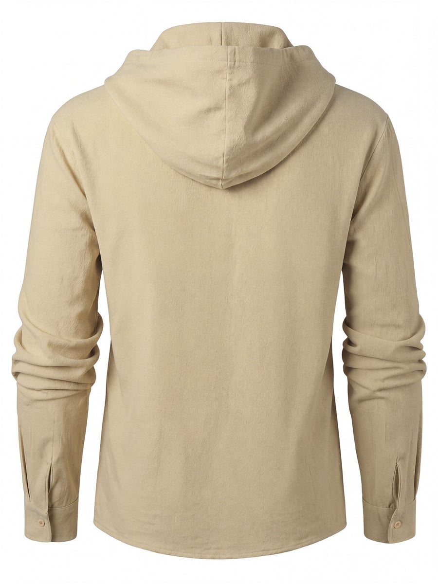 Urban Texture Men'S Linen Long Sleeve Hooded Sweatshirt, Minimalist Abstract Triangle Symbol Print on Chest, Casual Statement Style, Cross-Drawstring Placket for Visual Interest, Long Sleeve Hooded Top, Effortlessly Casual And Atmospheric - Khaki