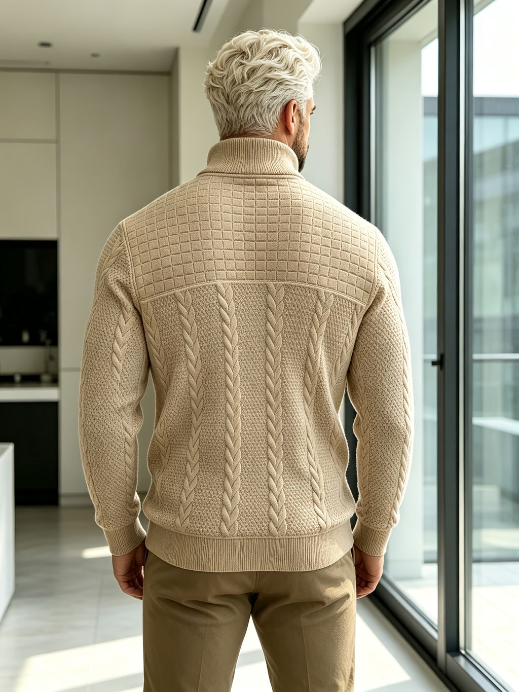 Joshmei OBM Halloween Men's Old Money Style Stand Collar Henley Shirt, Twisted Cable Knit Patchwork Checkered Long Sleeve Top, Comfortable and Warm Pullover, Suitable for Beach Vacations and Daily Wear, Men's Birthday Gift - Khaki