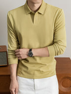 New Autumn 2026 Men's Long-Sleeve Solid Color Seagull Collar Lapel Casual Polo T-Shirt - Natural Yellow