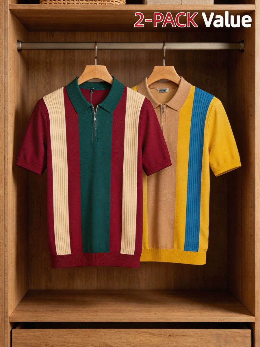 Old Money Style Men's Half-Zip Contrast Color Vertical Stripe Knit Polo 2pcs Set, Ice Silky Fiber Fabric, Breathable Business Casual Short-Sleeve Suit Sweater - 2PACK-YP