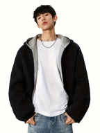 Men's Color-Block Hooded Zip-Up Jacket, College Style Outerwear - Black