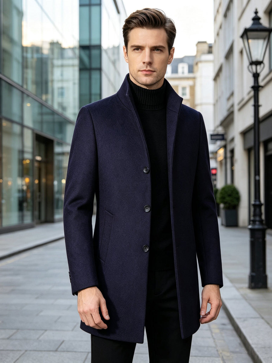 Autumn Winter Thick Warm Windproof Solid Color Stand Collar Coat, Classic Easy Retro Casual All-Match British Old Money Style Elegant Gentleman Jacket - Navy Color