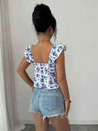 Women's Elegant Small Floral Print Short Hoodie with Asymmetric Cuffs and Hem, Vacation Style T-Shirt, Spring/Autumn Floral Top, Sexy Summer Top, Summer Casual Top - Mixed colors
