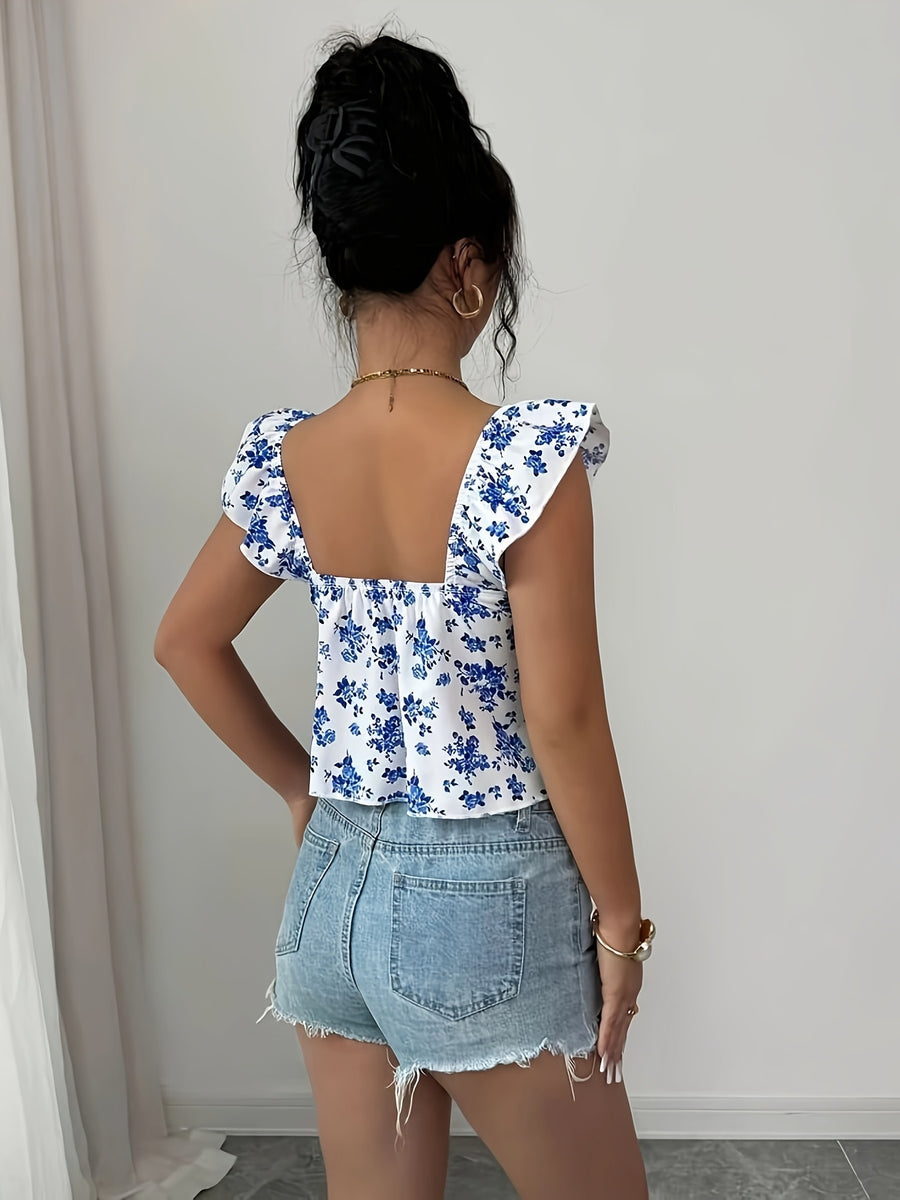 Women's Elegant Small Floral Print Short Hoodie with Asymmetric Cuffs and Hem, Vacation Style T-Shirt, Spring/Autumn Floral Top, Sexy Summer Top, Summer Casual Top - Mixed colors