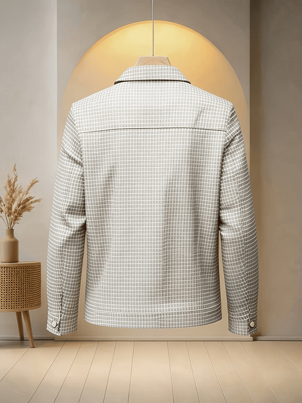 Men'S Plaid Lapel Button-Front Jacket, 100% Polyester Breathable Anti-Scratch Quick-Dry Wrinkle-Resistant Office Daily Casual Outerwear - Beige Color