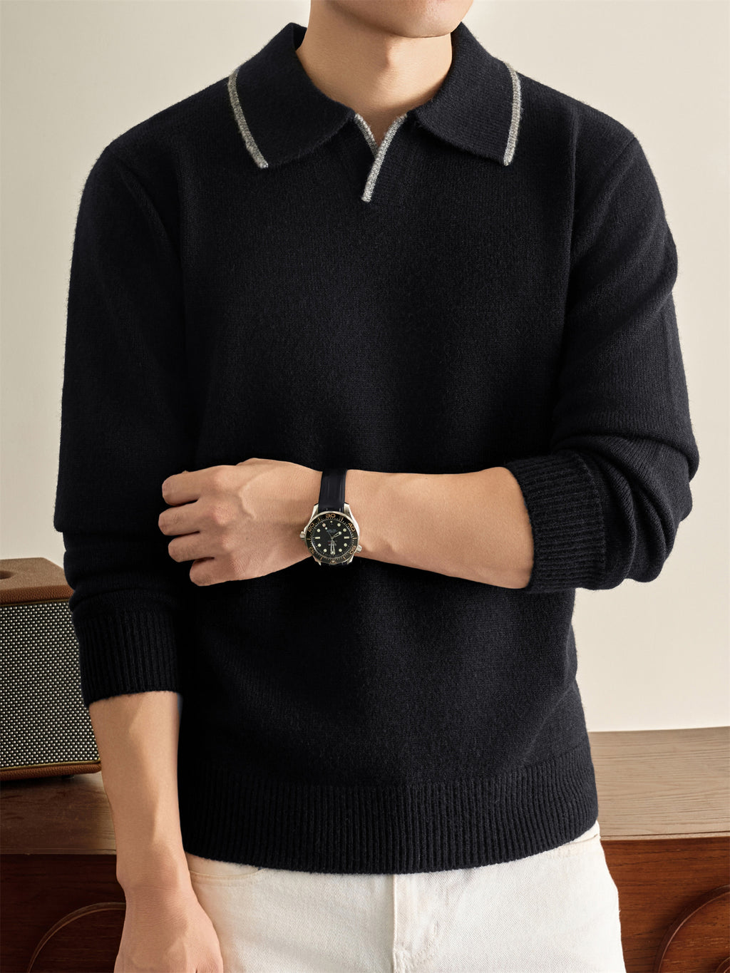 Autumn Winter Knit 3D Solid Color Lapel Polo Sweater, Basic Knit Pullover Top for Men, Fashionable Long Sleeve Sweater, Size S - Black