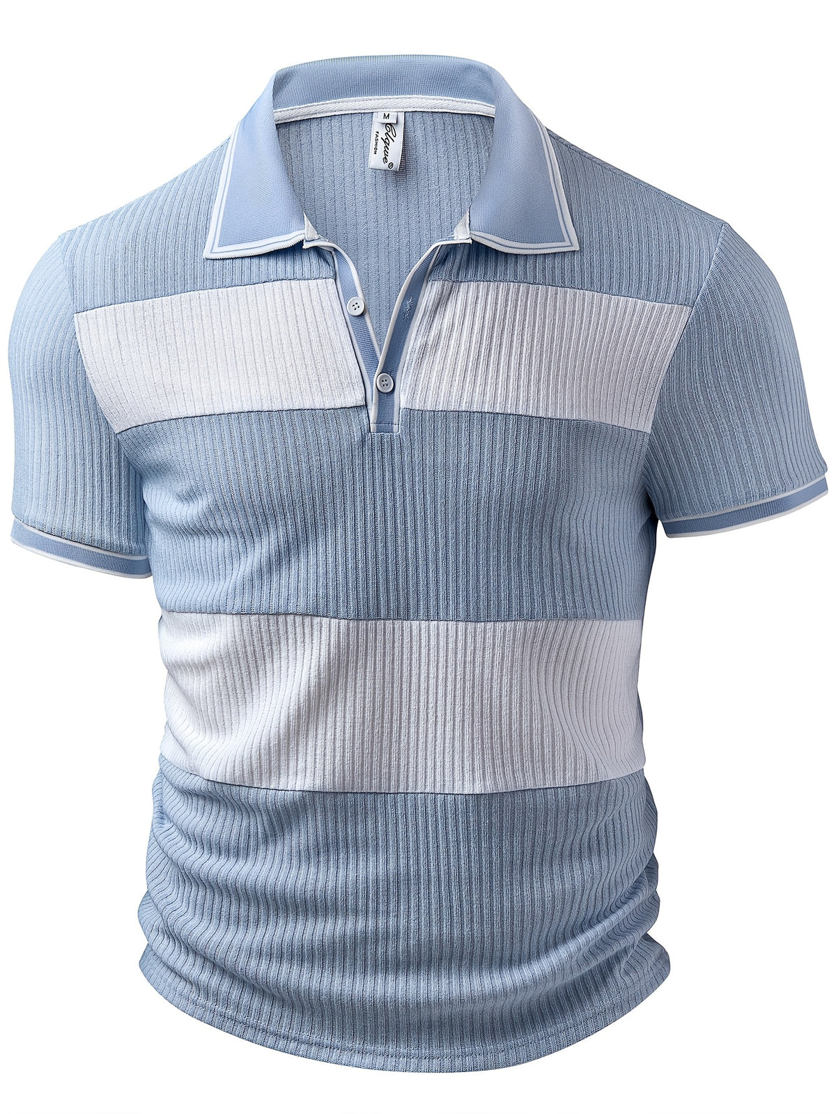 Men'S Fashion Men'S Top, Spring Summer Outdoor Casual Ribbed Texture Fabric Contrast Color Patchwork Lapel Single-Breasted Short Sleeve Men'S Polo Shirt - Blue+Light White