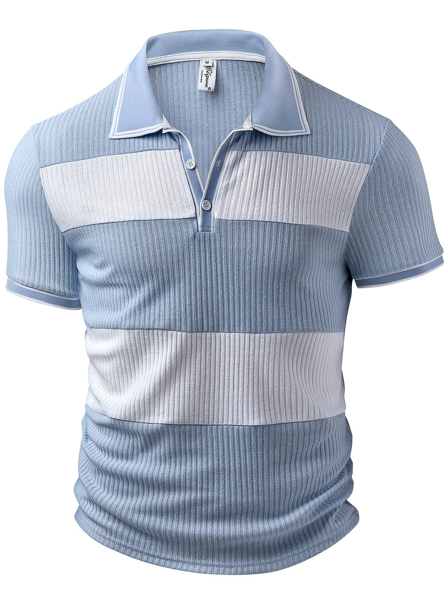 Men'S Fashion Men'S Top, Spring Summer Outdoor Casual Ribbed Texture Fabric Contrast Color Patchwork Lapel Single-Breasted Short Sleeve Men'S Polo Shirt - Blue+Light White