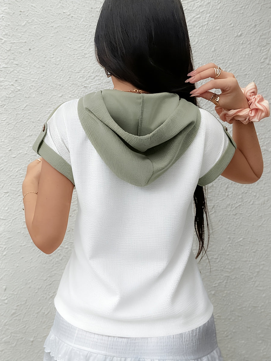2026 New Women's Hoodie with Waffle Fabric Patchwork, Short Sleeves, Decorative Buttons, and Hood - White+Green