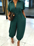 Autumn Lapel Short-sleeve Printed Jumpsuit with a Front Button Design, Comfortable to Wear, Elegant and Casual Overall for Women, Featuring Batwing Sleeves and Wide-legs with a Front Tie, Suitable for Dates, Work, Vacations, Holidays, and Casual - Green