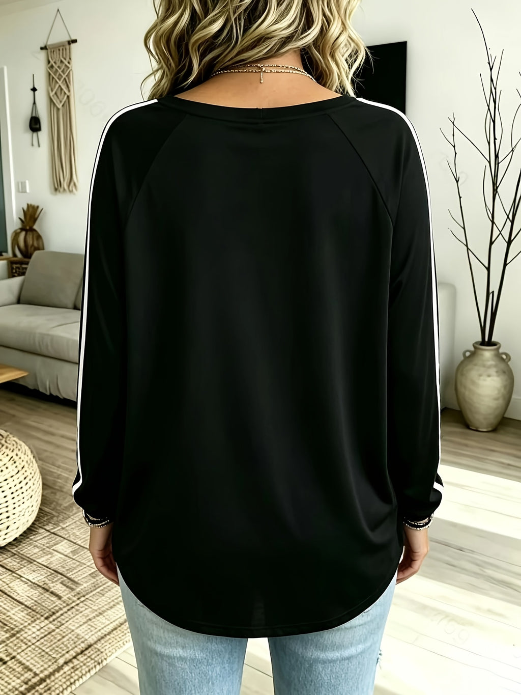Plus Size, Women's Plus Size Oversized -Neck Long Sleeve T-Shirt - Solid Color Suitable for Outdoor S, & Casual Wear, Size Range (1XL-8XL), Machine Washable, Non- Fabric, - for & Everyday Layering - Black