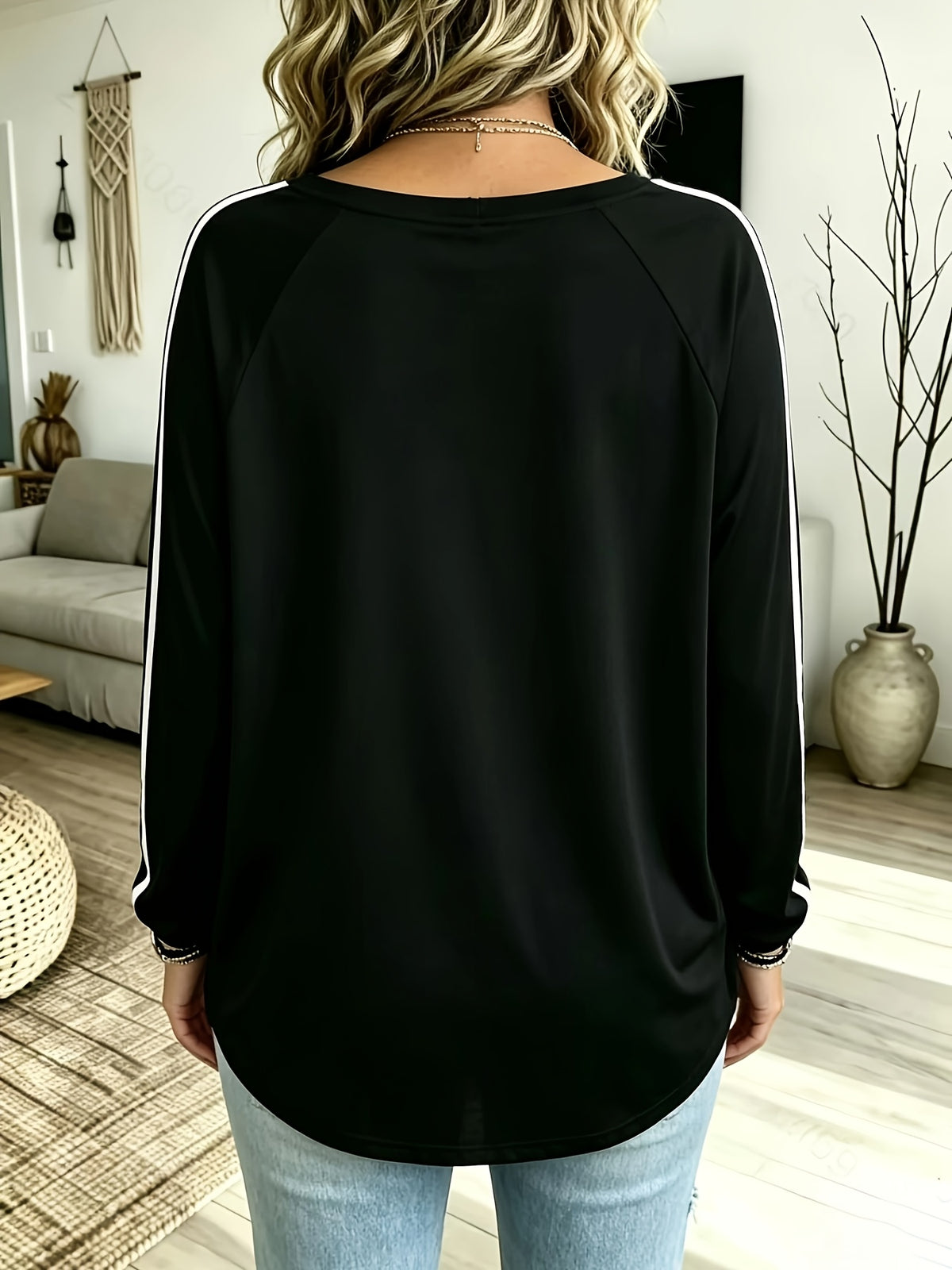 Plus Size, Women's Plus Size Oversized -Neck Long Sleeve T-Shirt - Solid Color Suitable for Outdoor S, & Casual Wear, Size Range (1XL-8XL), Machine Washable, Non- Fabric, - for & Everyday Layering - Black