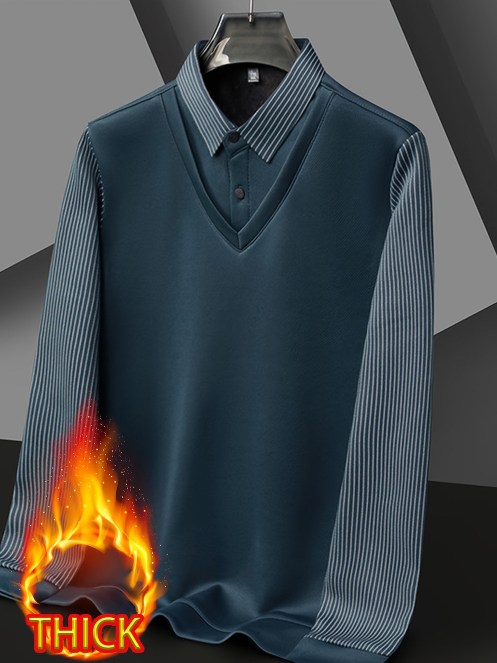 Autumn/Winter Men's 2-in-1 Look Shirt Collar Top with Striped Sleeves, Thick and Warm, Well-Fitted Cut, Versatile Pullover for Commuting - Ha Qing
