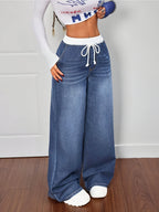 2026SS Women's Y2K Vintage Jeans Drawstring Loose Fit Casual Denim Pants - Blue