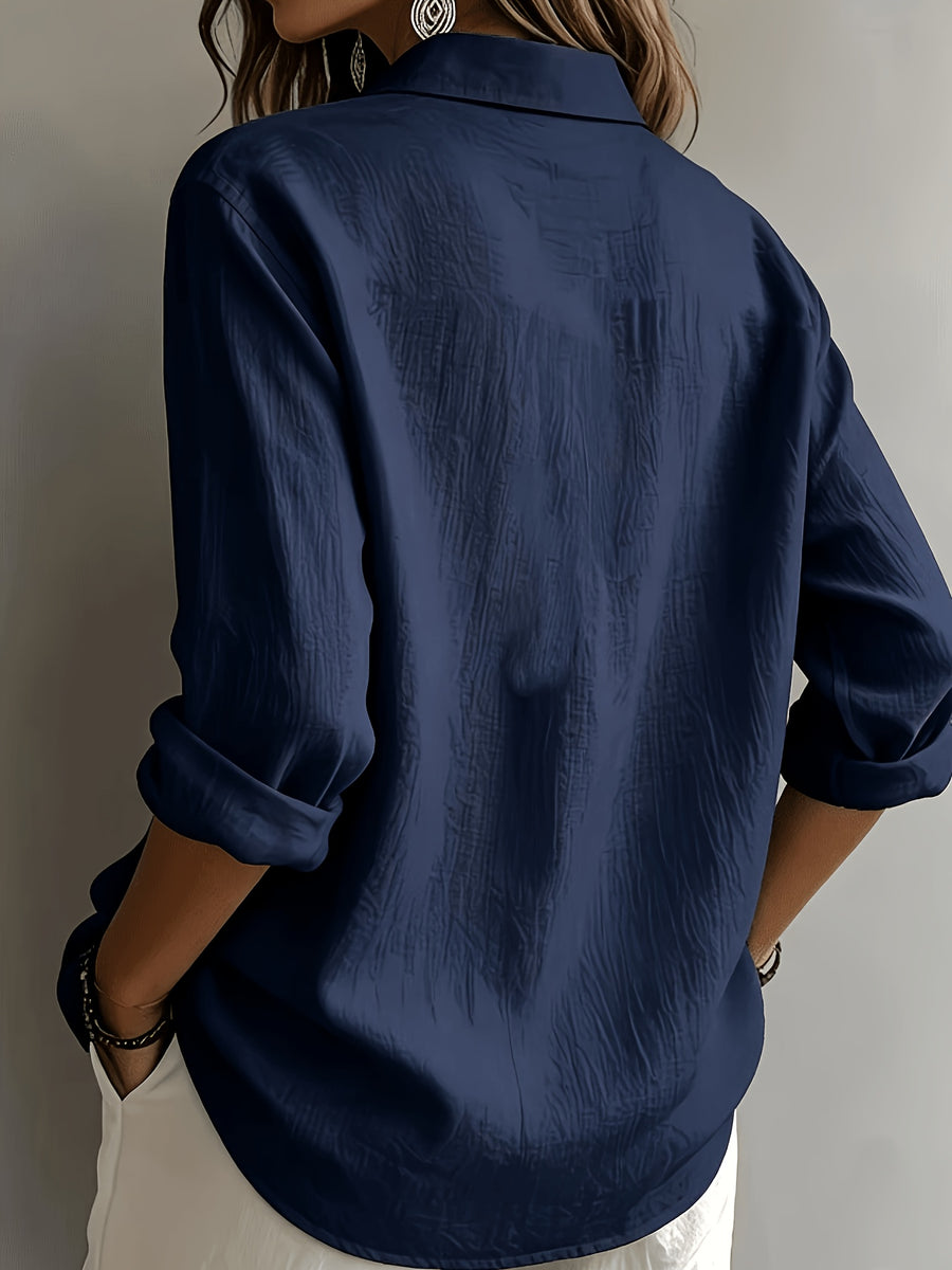 Elegant Special Edition Women'S Shirt - Long Sleeve Button-Up Solid Color Blouse, Breathable, Comfortable, Soft, Classic Collar, Medium Stretch, Machine Washable, Suitable for Office, Commute, Or Formal Events, Exquisite Casual - Navy Color