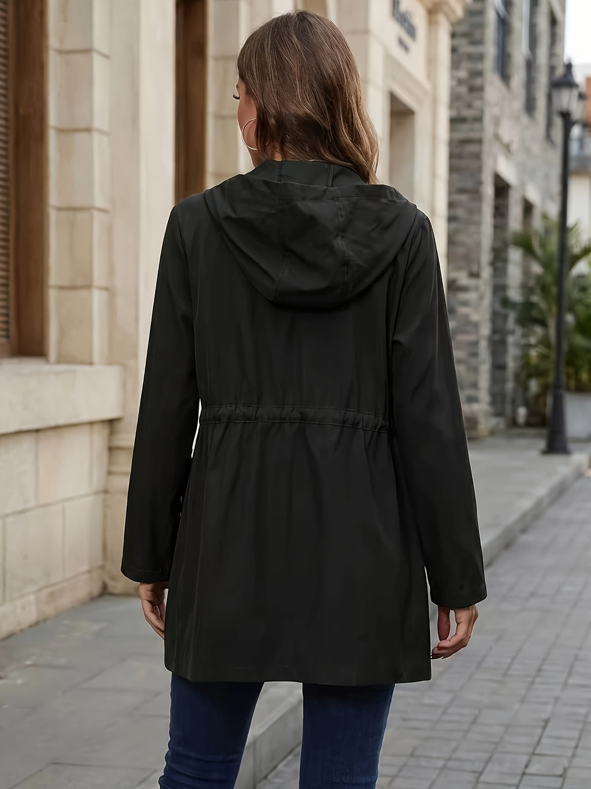 Spring And Autumn Styles. Casual Workwear, Drawstring Waist Belt, Hooded Jacket - Black