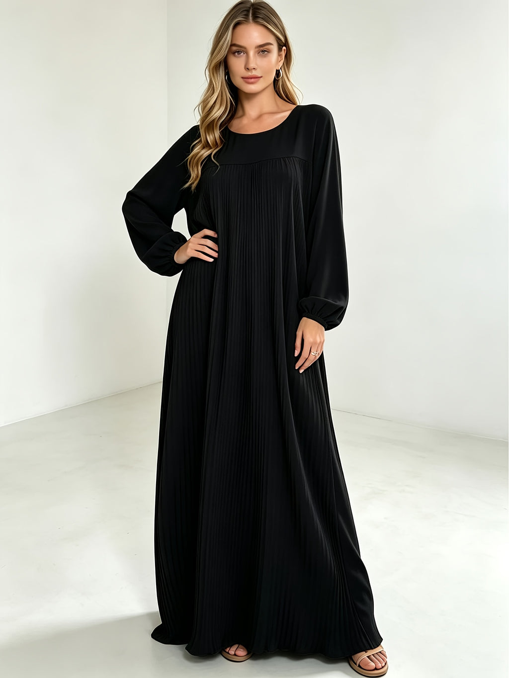 1pc Elegant Holiday Fashion Versatile Loose Pleated Back Zipper Solid Color Women's Robe, Suitable for Daily Wear, Comfortable, Casual, and Loose-Fitting. Women's Robe, Muslim Long-Sleeve Dress, Women's Maxi Dress - Black