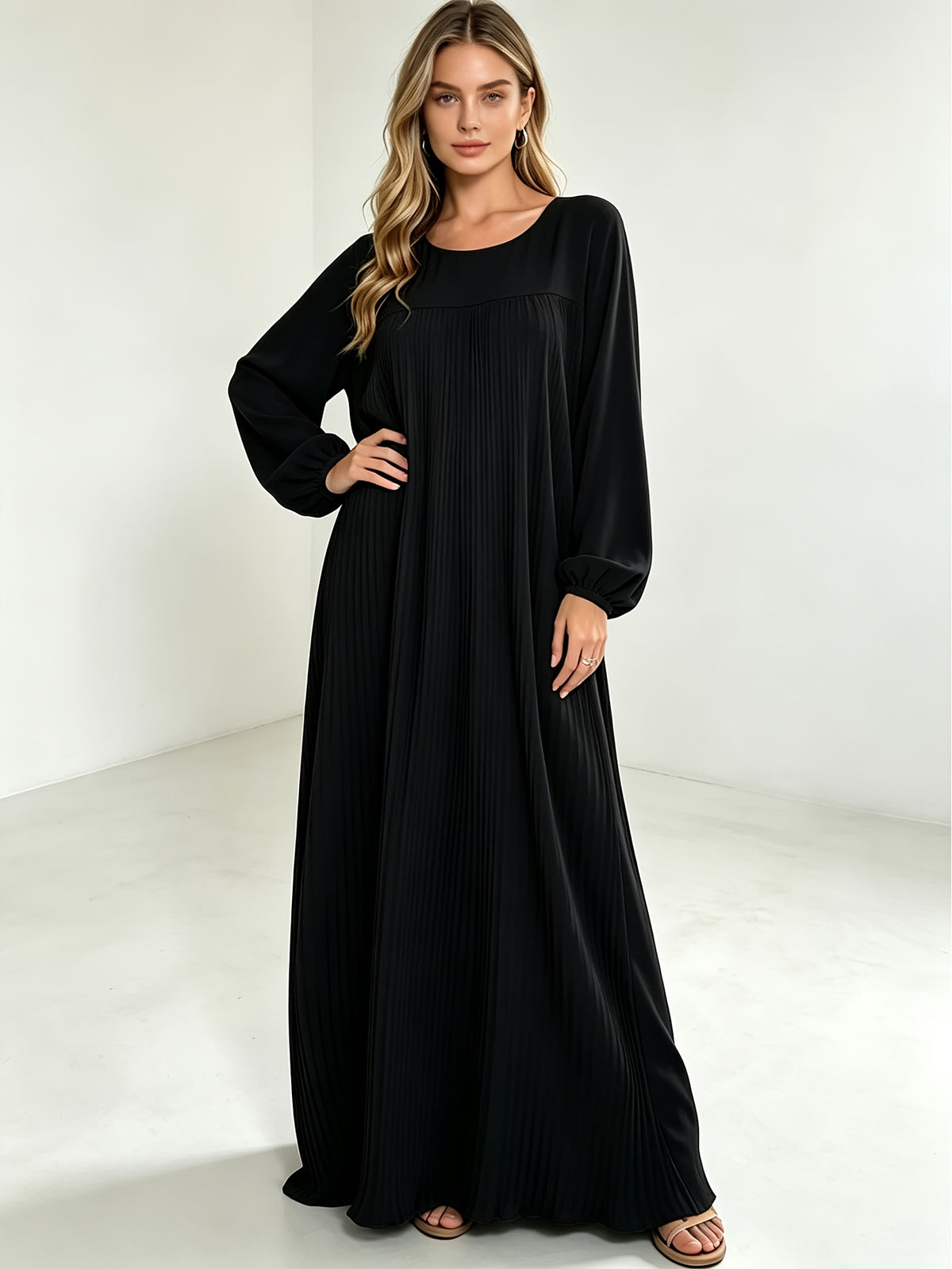 1pc Elegant Holiday Fashion Versatile Loose Pleated Back Zipper Solid Color Women's Robe, Suitable for Daily Wear, Comfortable, Casual, and Loose-Fitting. Women's Robe, Muslim Long-Sleeve Dress, Women's Maxi Dress - Black