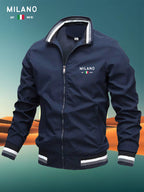 Men'S Versatile Casual Milan Element Stand-Up Collar Baseball Jacket, Contrast Ribbed Design, Windproof And Stiff, Spring Autumn Daily Commute Casual Versatile Top - Navy Color