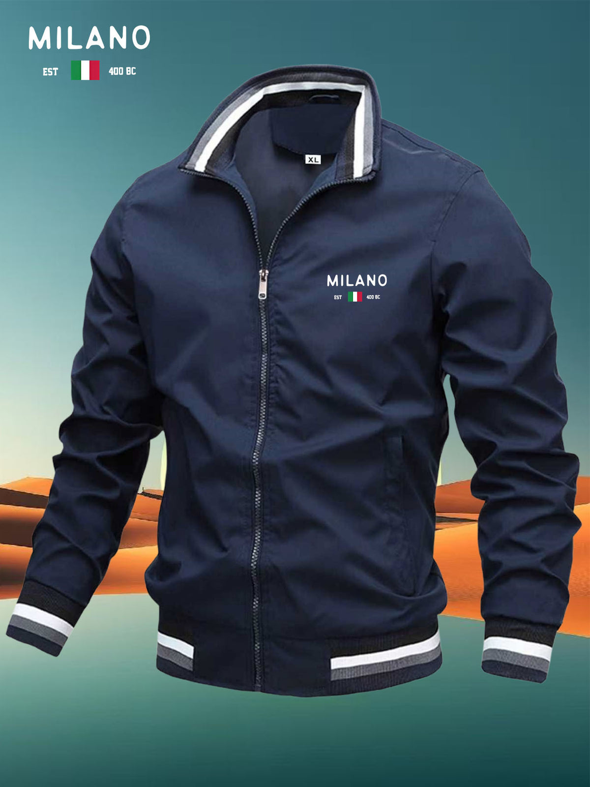 Men'S Versatile Casual Milan Element Stand-Up Collar Baseball Jacket, Contrast Ribbed Design, Windproof And Stiff, Spring Autumn Daily Commute Casual Versatile Top - Navy Color