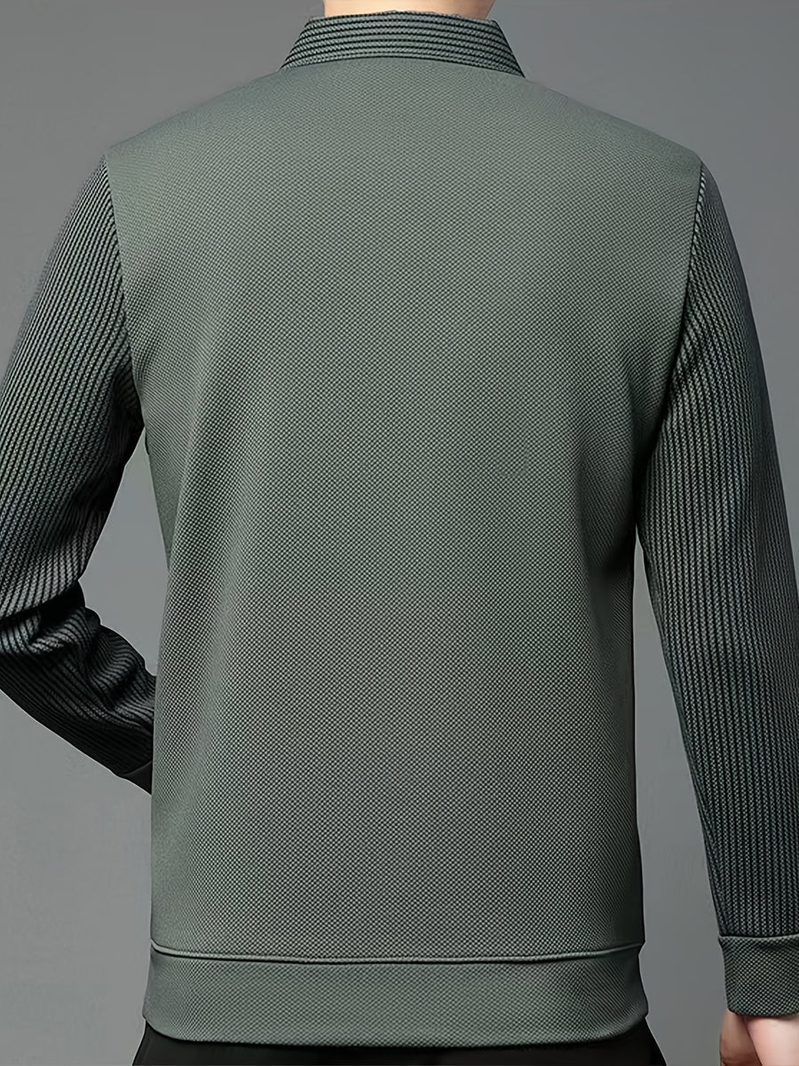 [Pearson OBM] Men'S Faux Two-Piece Long Sleeve Polo Shirt, Business Casual Style, Knit Collar V-Neck Patchwork Design with Button Placket, Ribbed Striped Cuffs And Collar, Mid-Career Men'S Business Top for Daily Gatherings And Commuting - Military Green