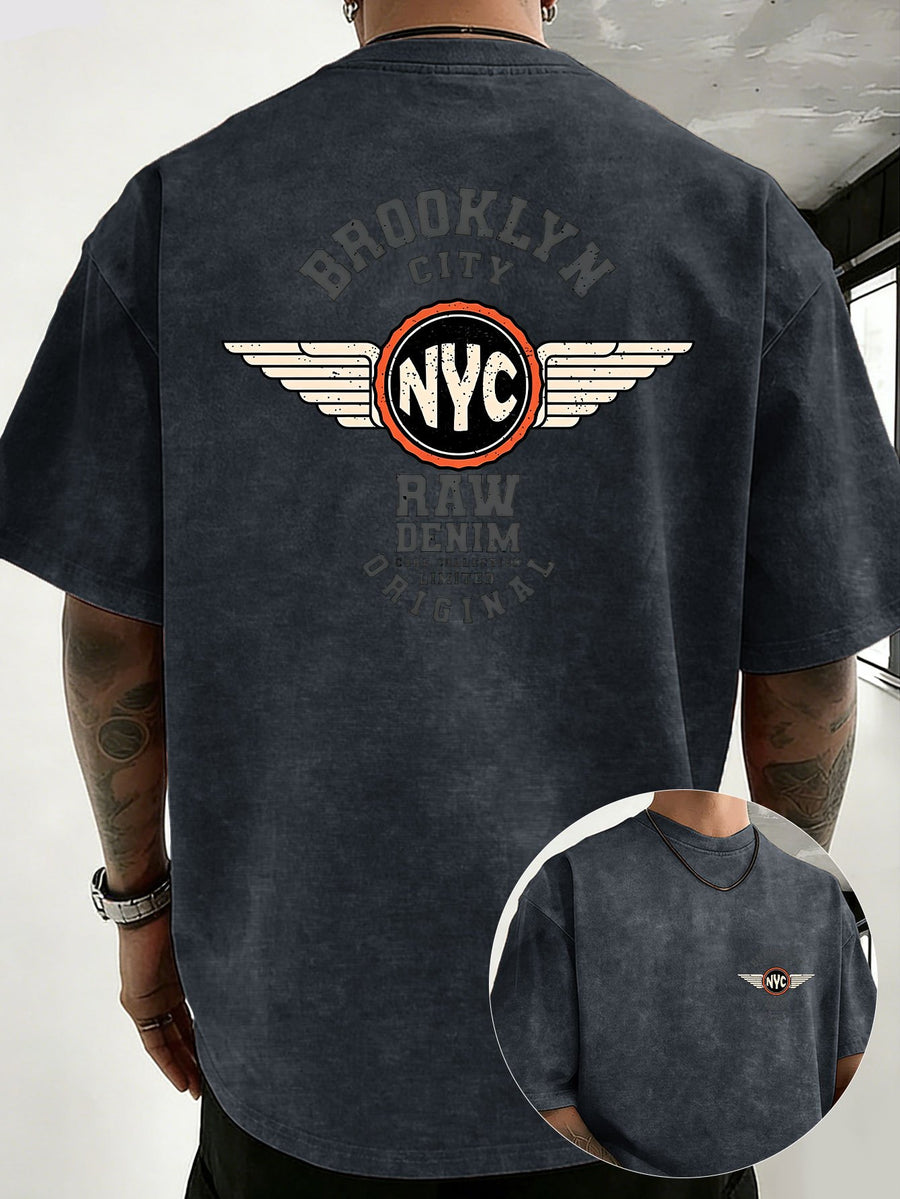 Unisex Washed Distressed Pure Cotton T-Shirt with Positioned Double-Sided Print, Loose Fit, Crew Neck, Short Sleeves, Trendy Casual Style, Available in 12 Colors - Navy Color