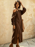 Women's Asymmetric Off-Shoulder Long Dress, Casual Long Sleeve Loose Split Midi Dress with Pockets, Suitable for Daily Commuting, Vacation, and Office Wear - Coffee Brown