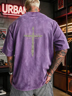 Men's Heavyweight T-Shirt Washed Distressed Fashion Print 2026 Summer New Urban High Street Hiphop Style Vintage Acid Wash Casual Gym Workout Top Pure Cotton Breathable Base Shirt - Purple