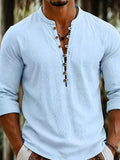 Men's Fashion And Linen Blend Breathable Comfortable Casual Stand Collar Long Sleeve All-Season Shirt, Autumn Menswear - Sky Blue